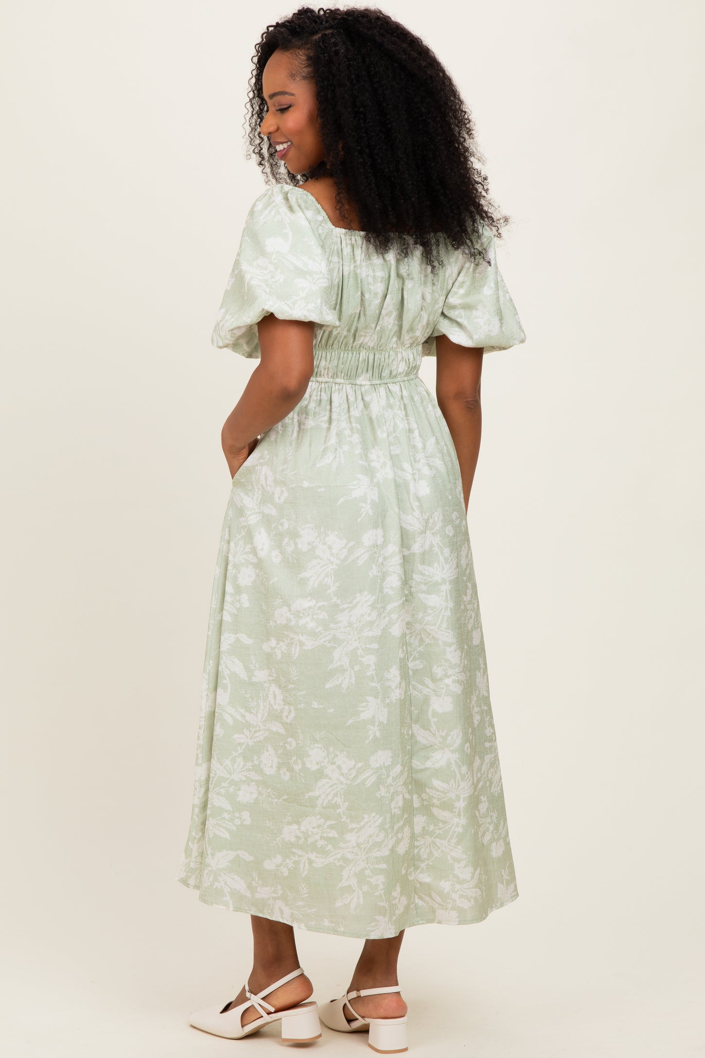 Sage Puff Sleeve Smocked Waist Midi Dress – PinkBlush