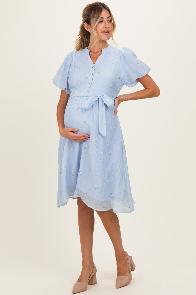 Blue Floral Embroidered Tie Waist Maternity Dress – PinkBlush
