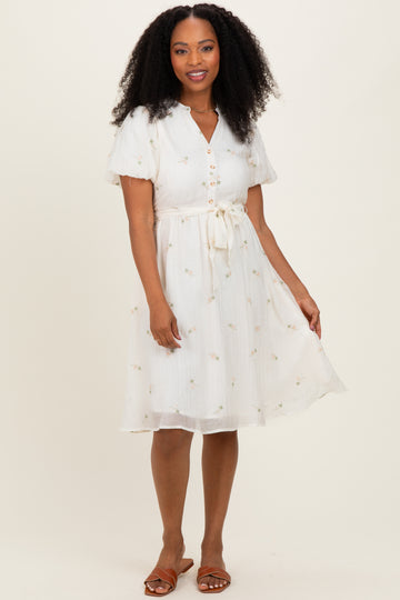 Cream Floral Embroidered Tie Waist Dress