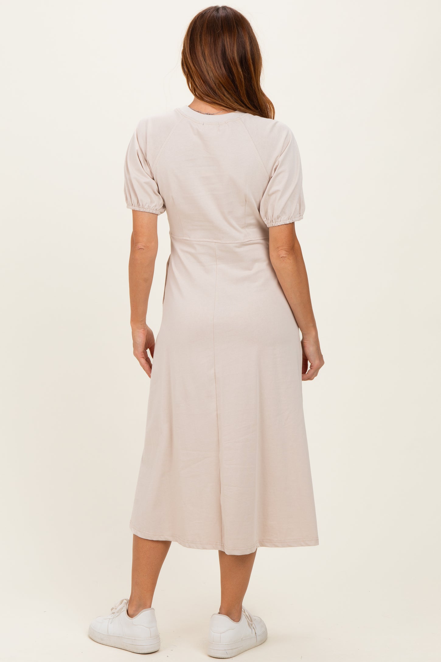 Beige Puff Sleeve Midi Dress – PinkBlush