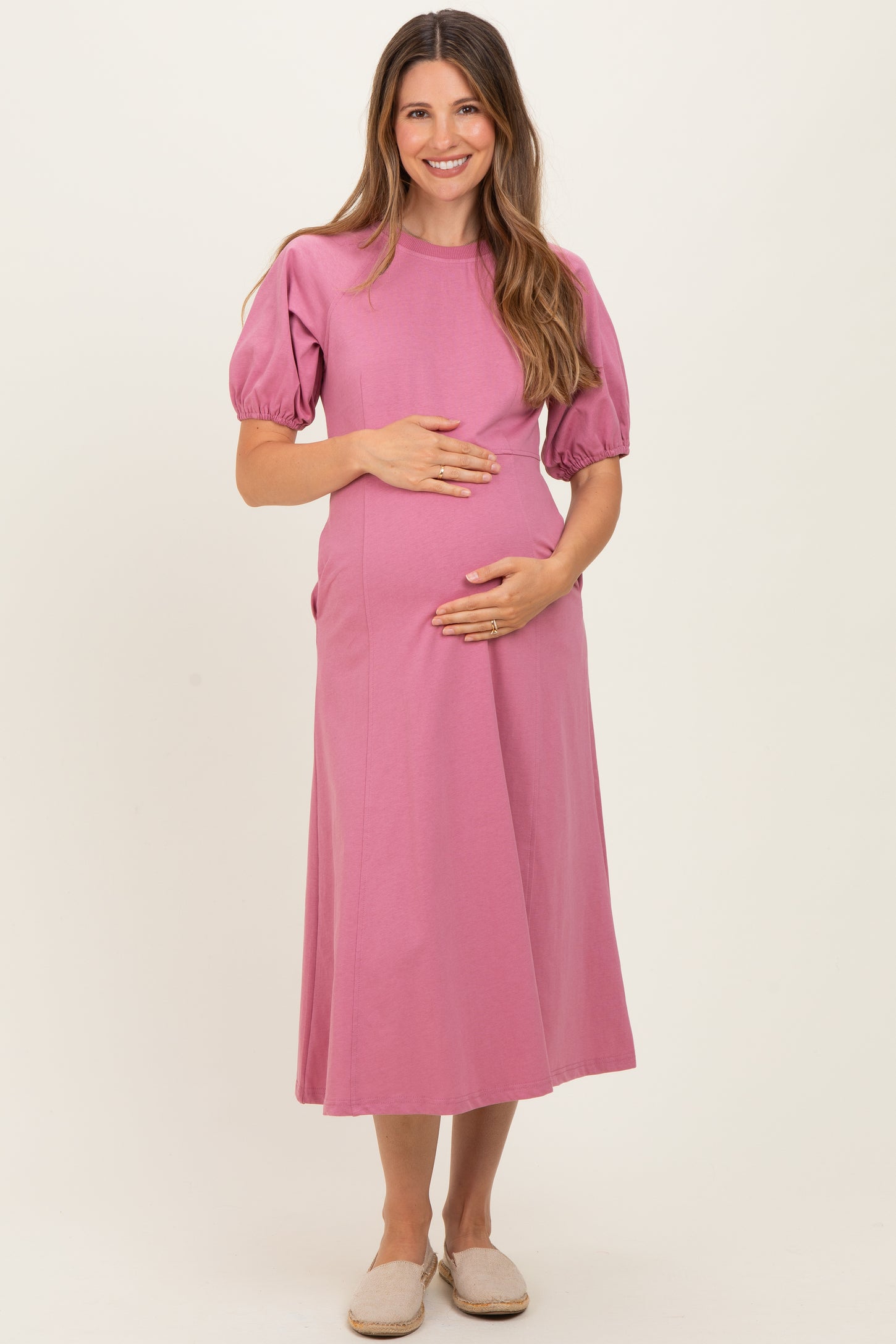 Pink Puff Sleeve Maternity Midi Dress