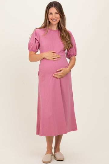 Pink Puff Sleeve Maternity Midi Dress