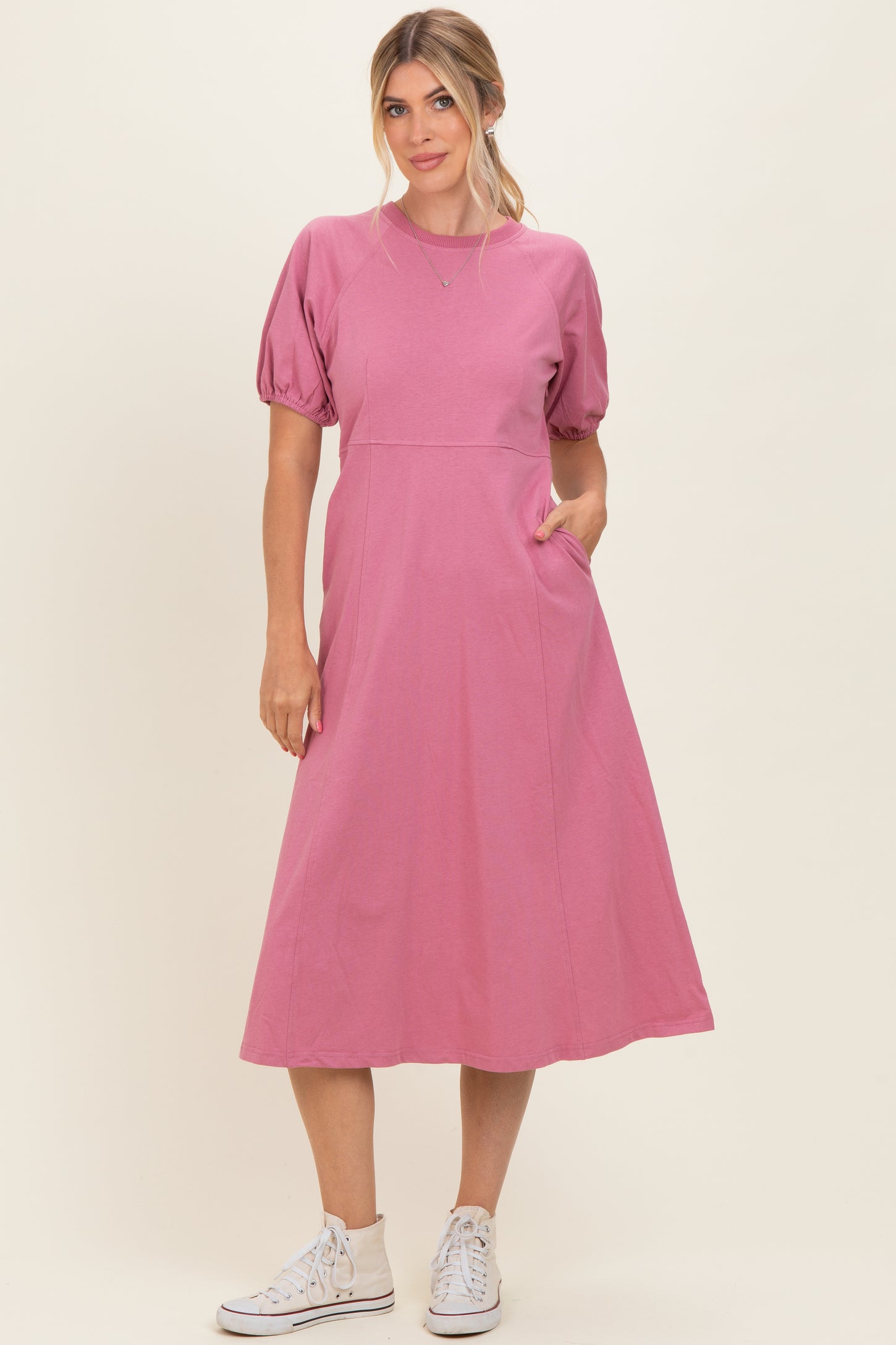 Pink Puff Sleeve Midi Dress Pink Puff Sleeve Midi Dress