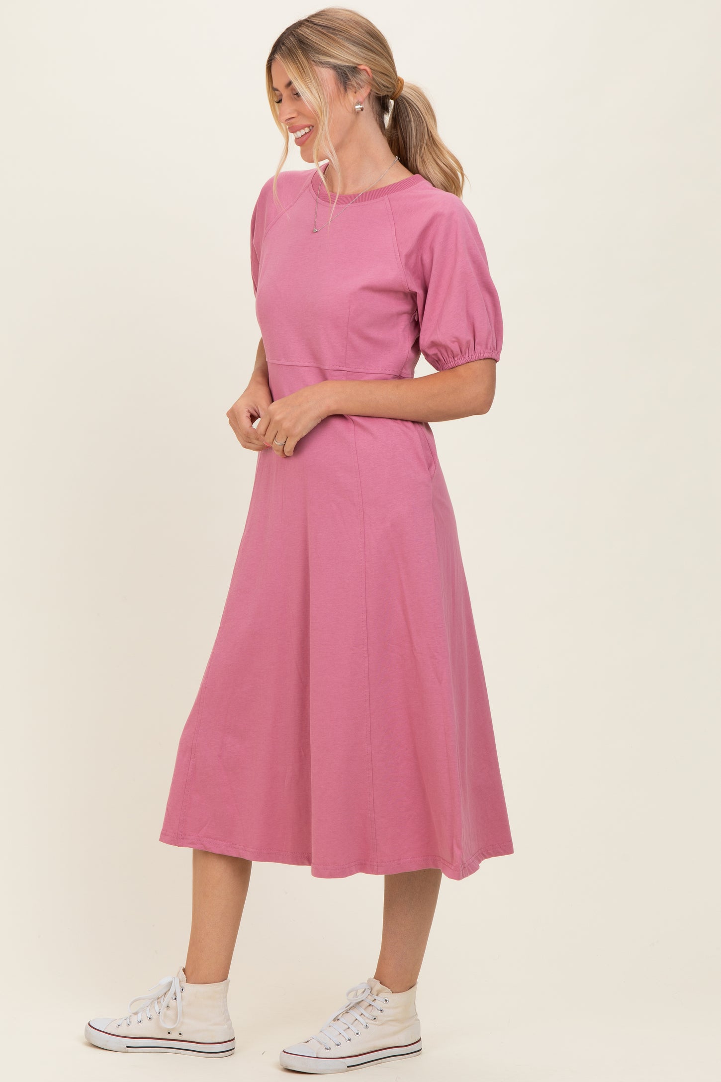 Pink Puff Sleeve Midi Dress Pink Puff Sleeve Midi Dress