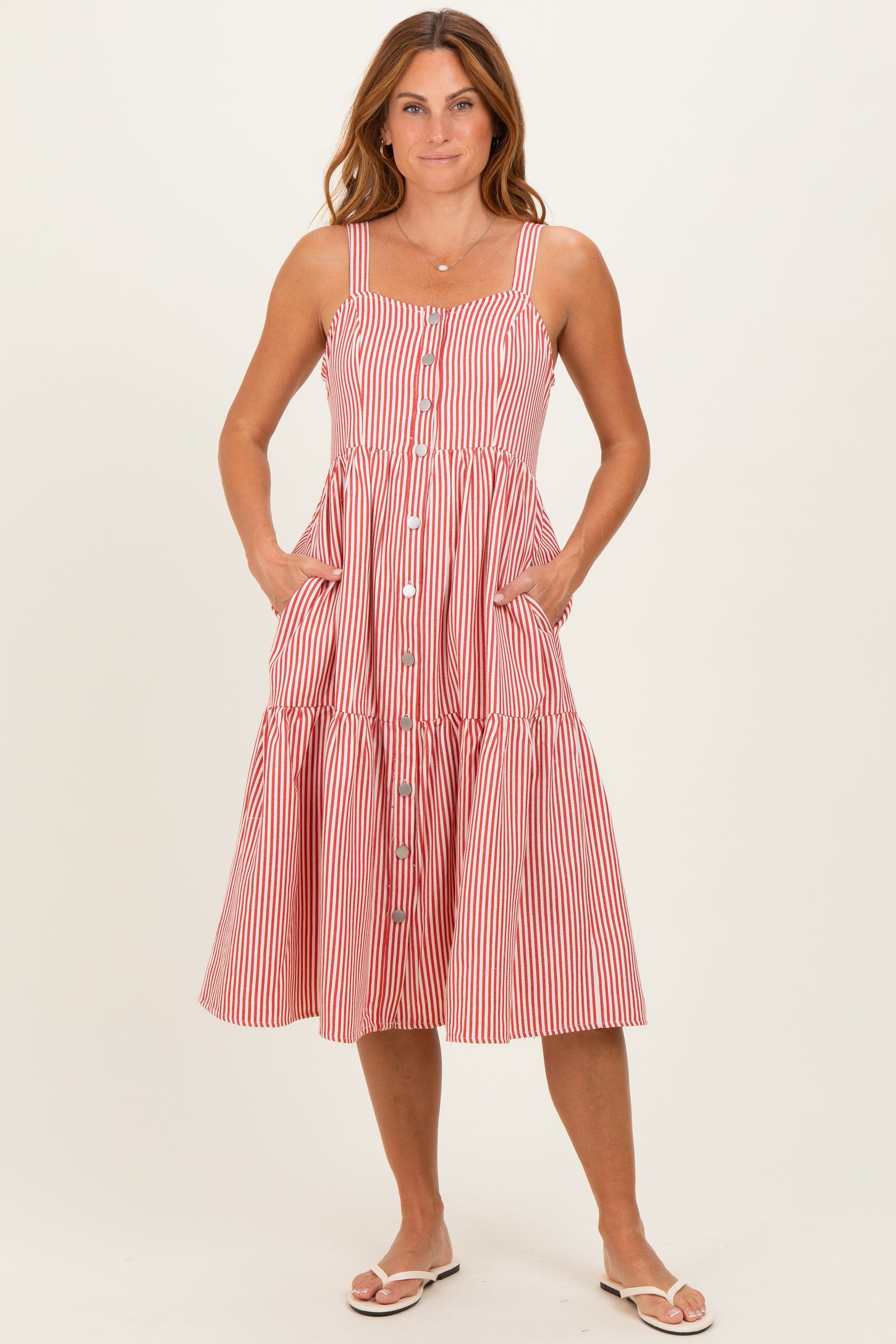 Red Striped Tiered Maternity Overall Dress