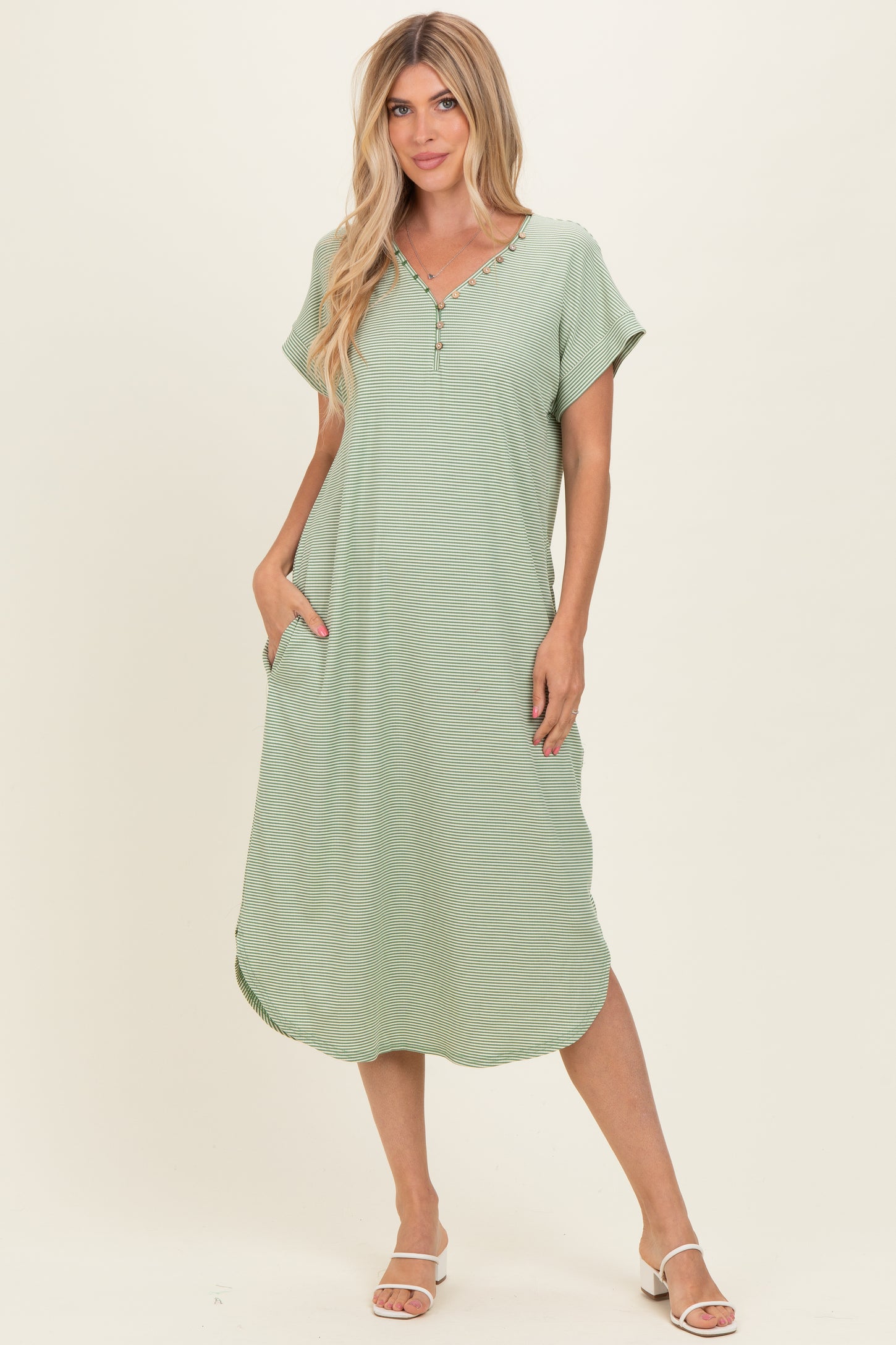 Sage Striped Button Detail Maternity Midi Dress