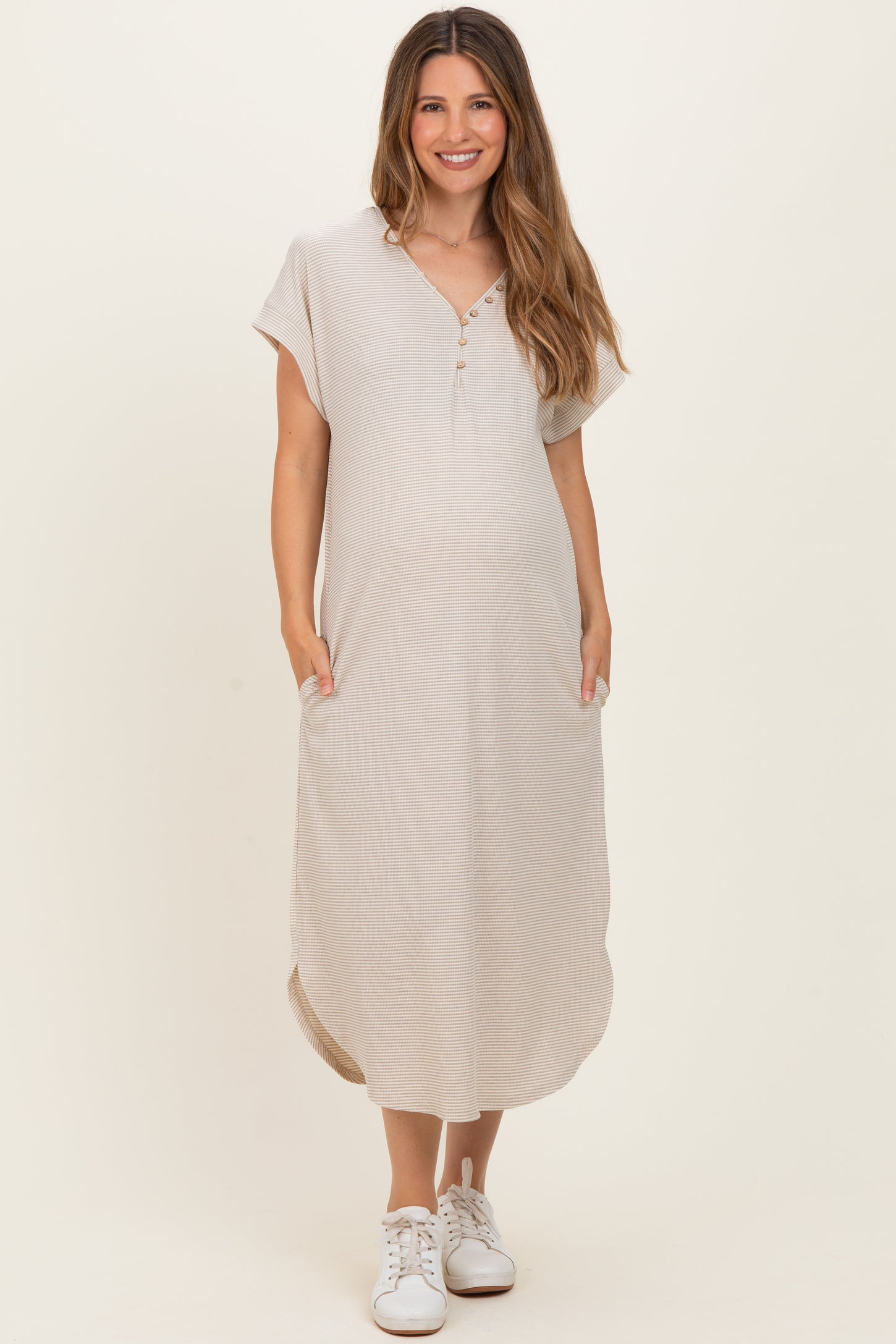 Grey Striped Button Detail Maternity Midi Dress  PinkBlush