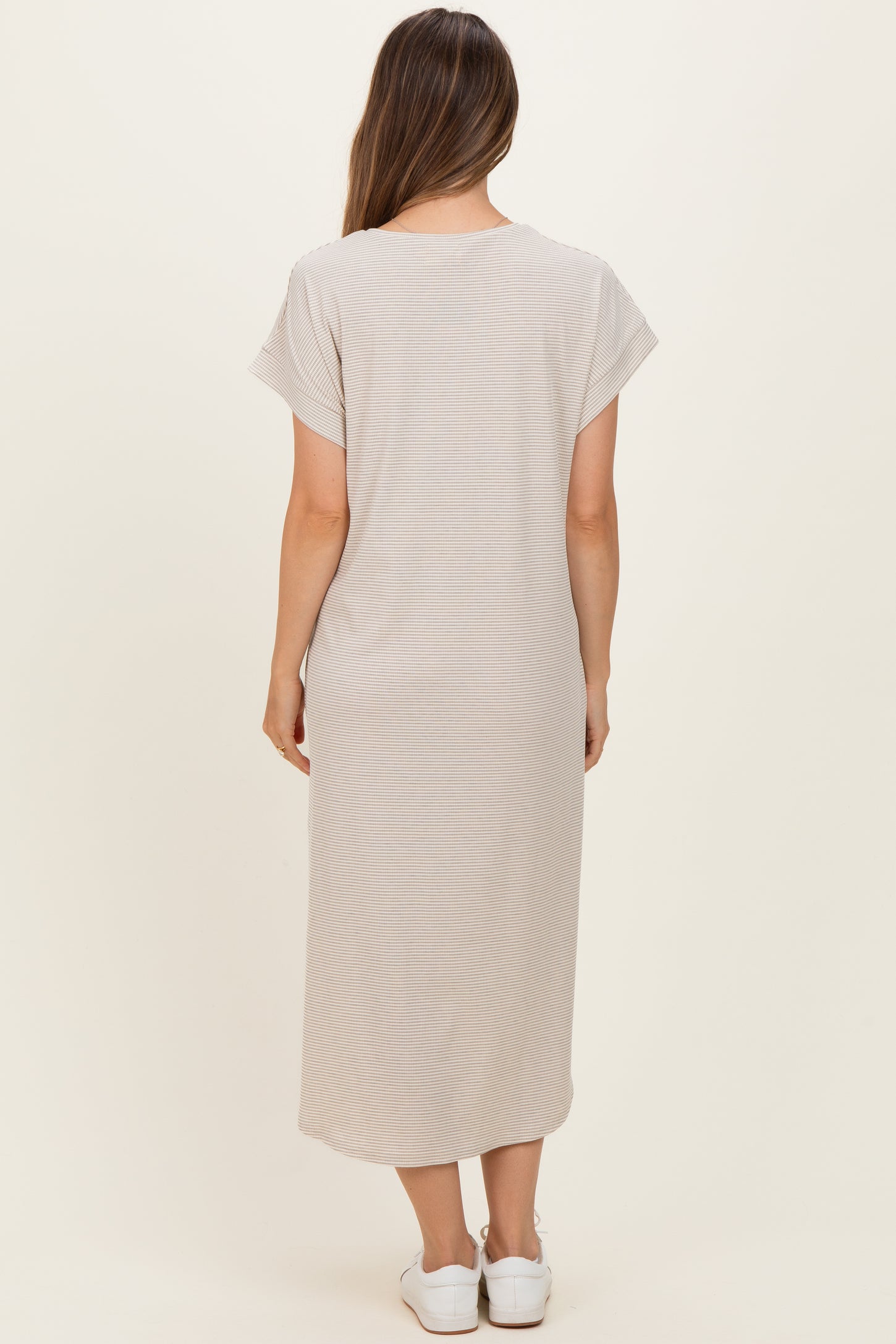 Grey Striped Button Detail Maternity Midi Dress – PinkBlush