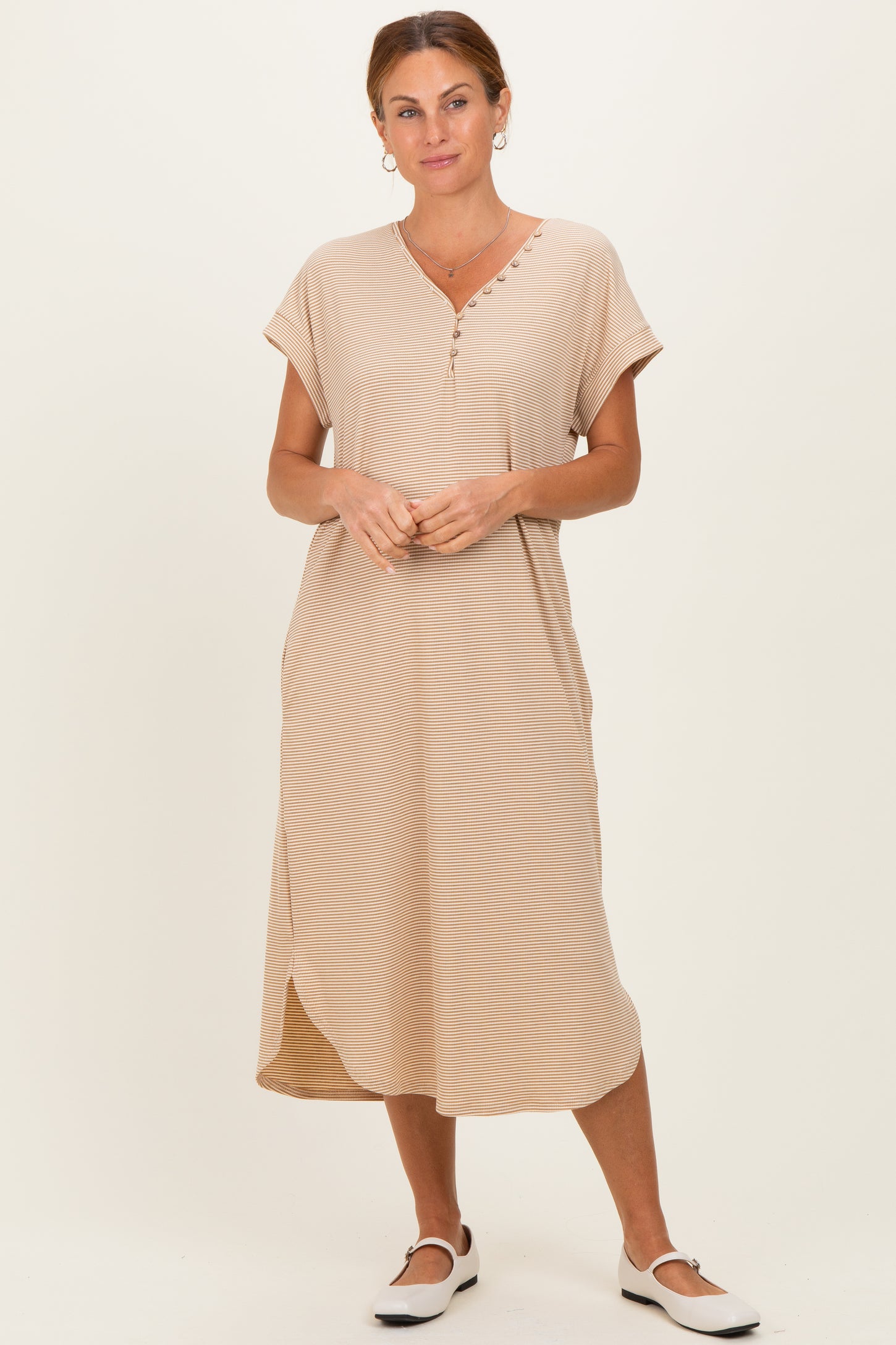 Camel Striped Button Detail Maternity Midi Dress