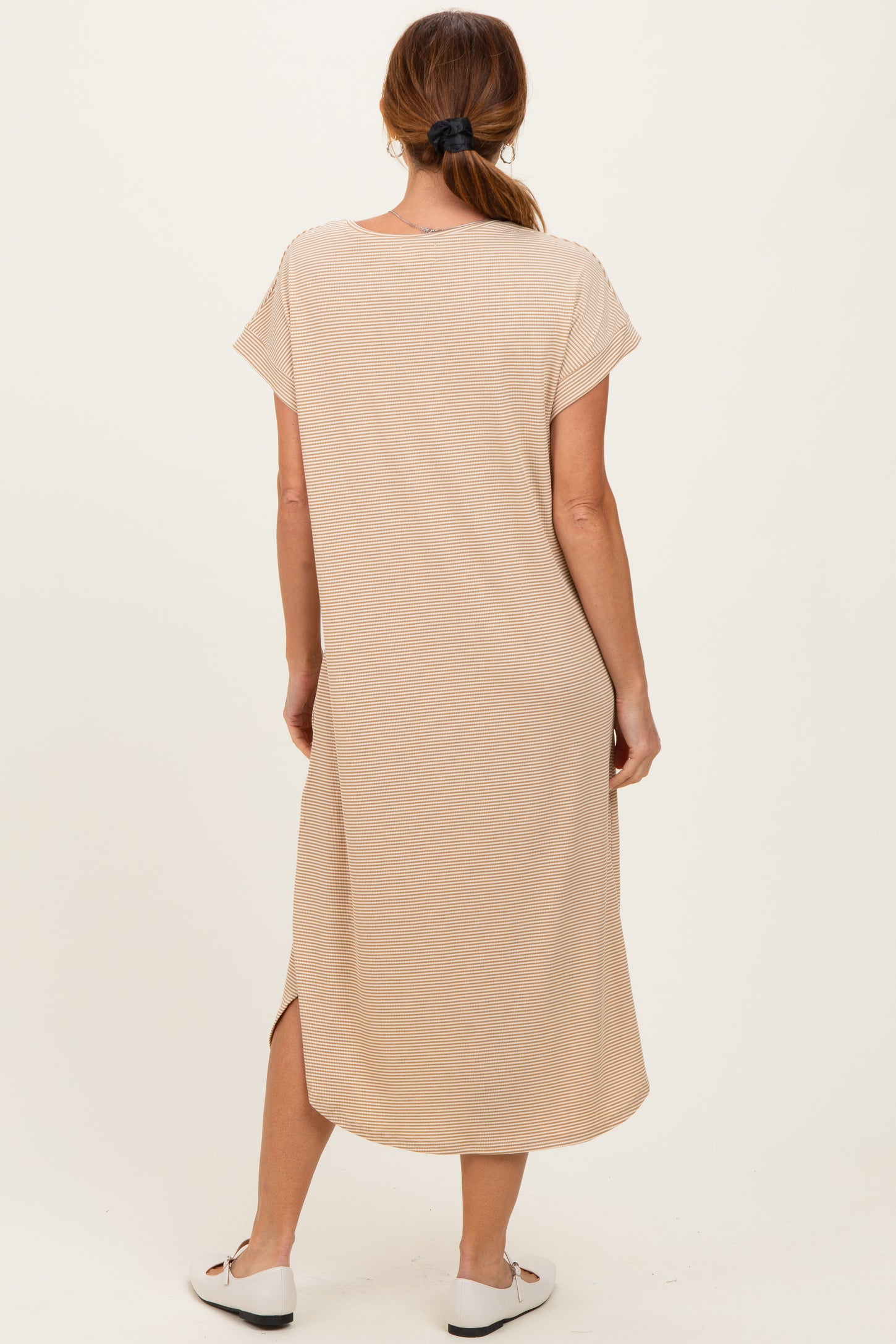 Camel Striped Button Detail Midi Dress