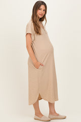 Camel Striped Button Detail Maternity Midi Dress