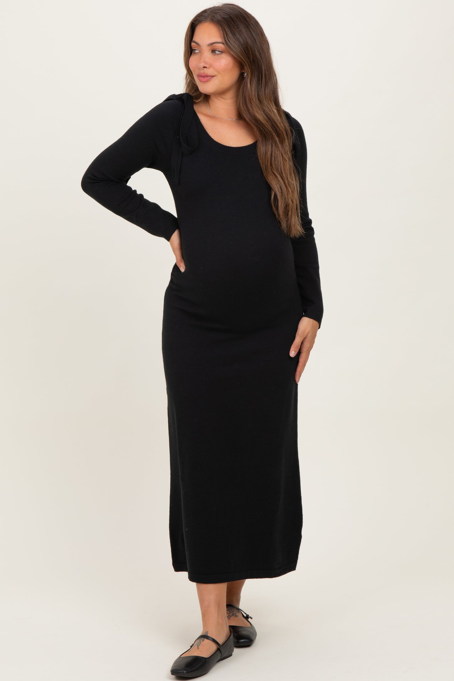 Black Bow Shoulder Knit Maternity Dress