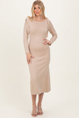 Beige Bow Shoulder Maternity Knit Dress