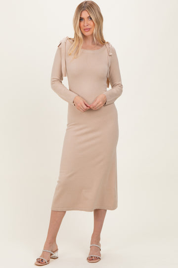 Beige Bow Shoulder Knit Dress