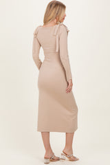 Beige Bow Shoulder Knit Dress