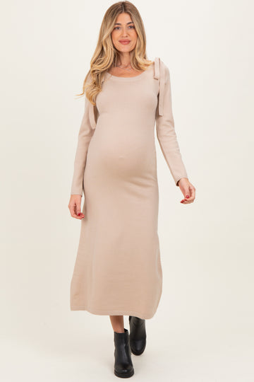 Beige Bow Shoulder Maternity Knit Dress