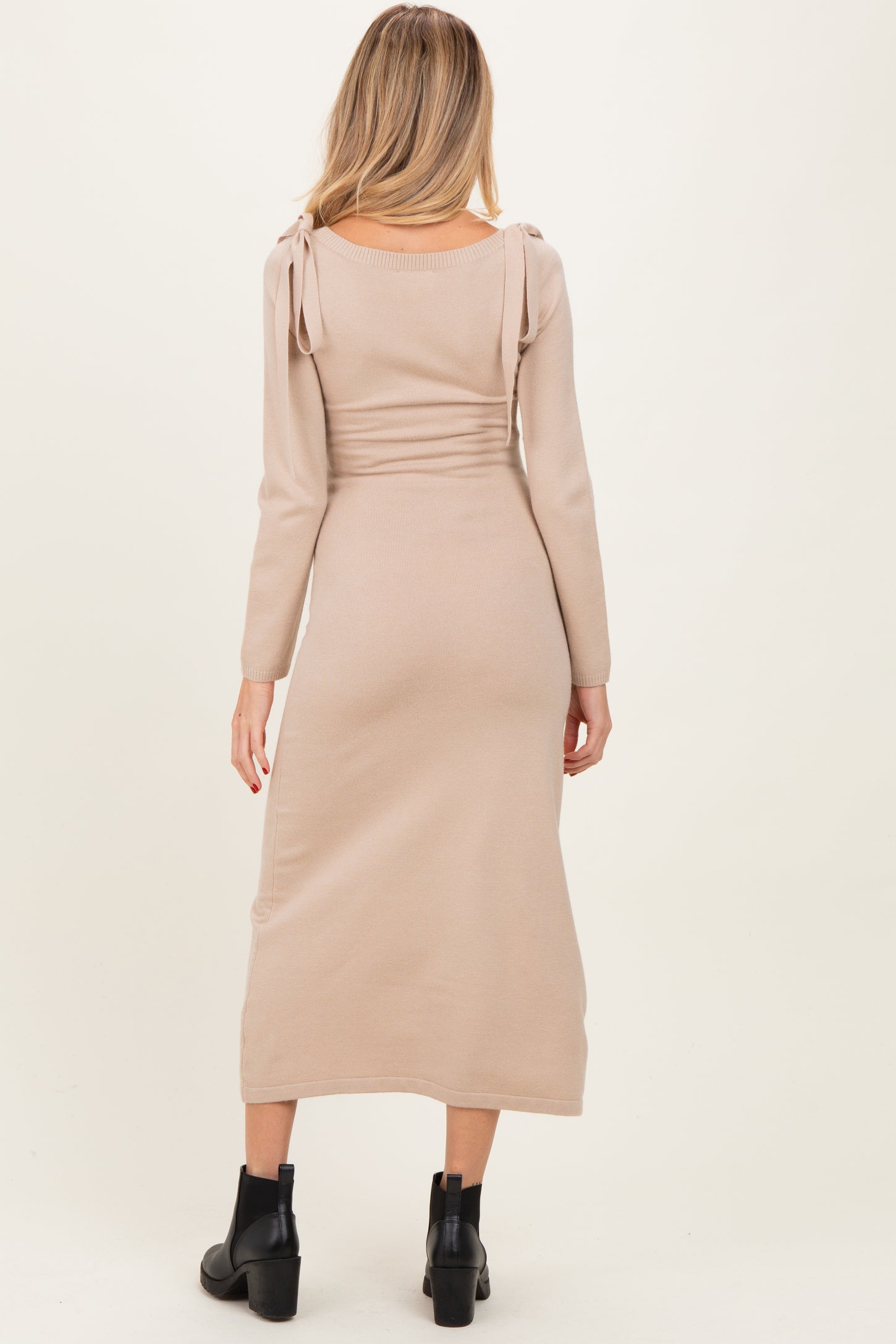 Beige Bow Shoulder Maternity Knit Dress