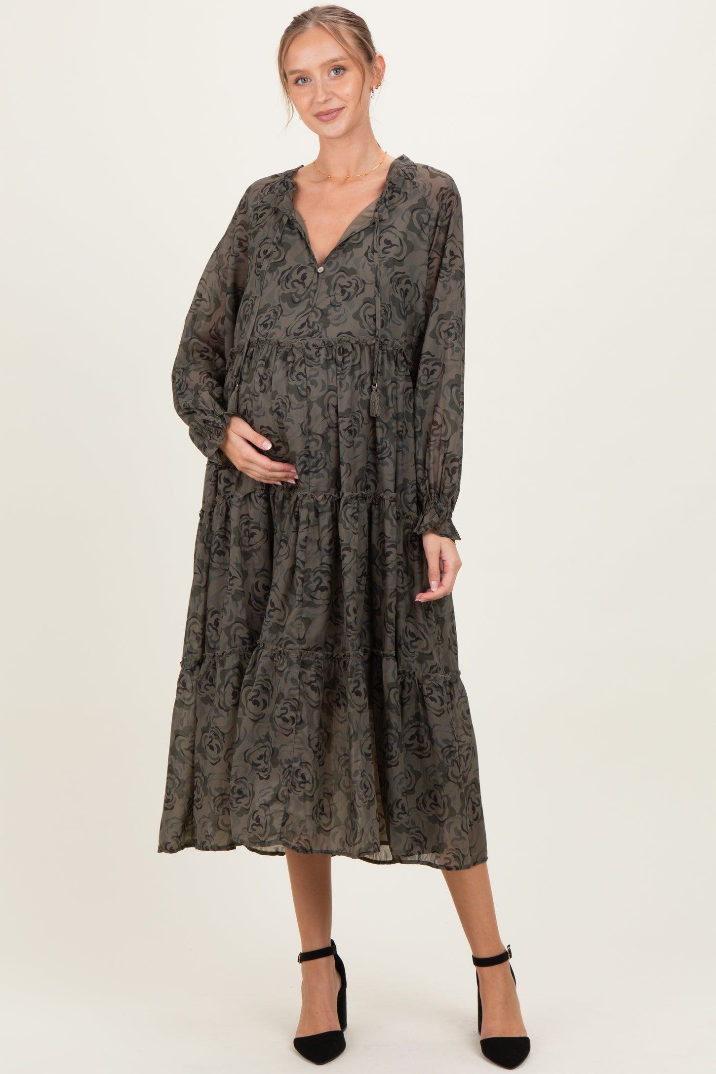 Olive Rose Floral Tiered Ruffle Maternity Midi Dress