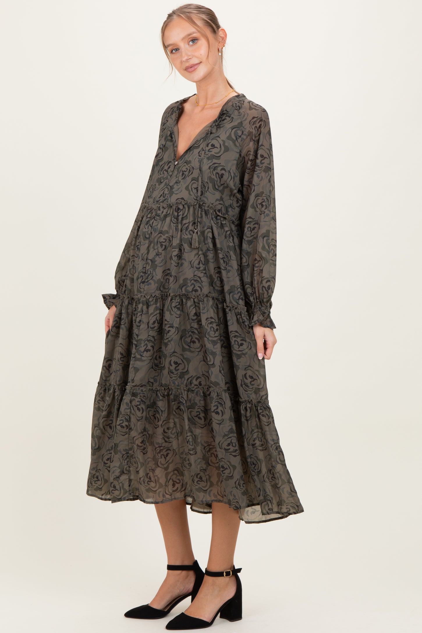 Olive Rose Floral Tiered Ruffle Maternity Midi Dress