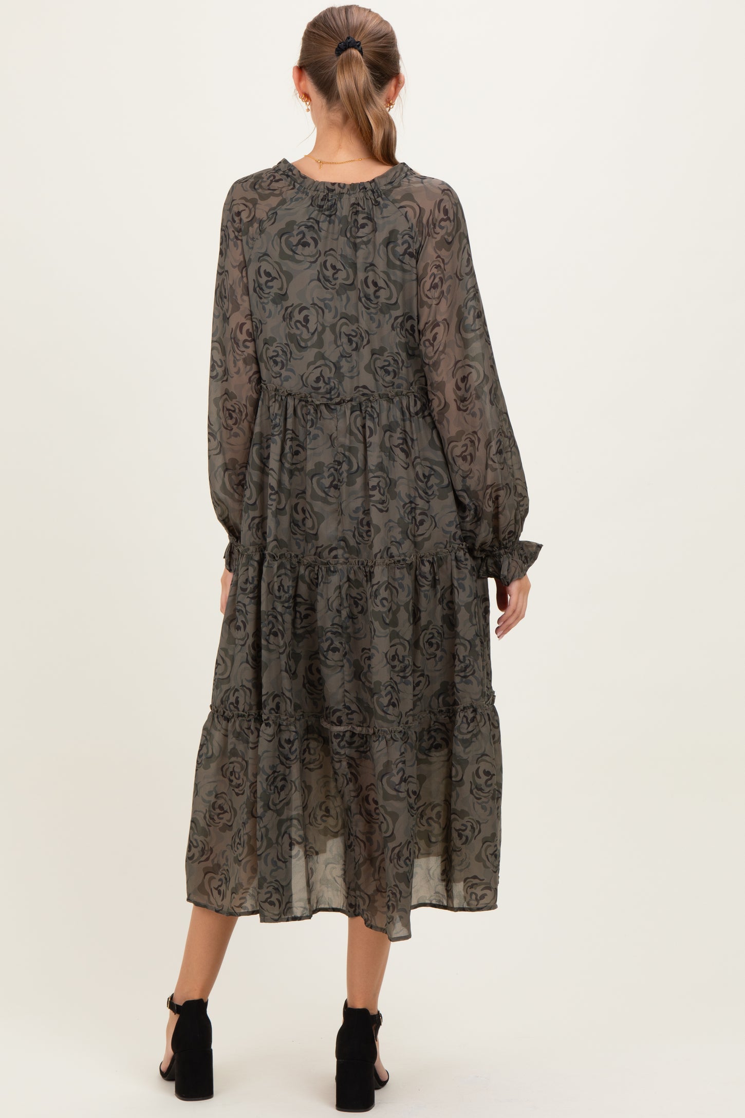 Olive Rose Floral Tiered Ruffle Maternity Midi Dress