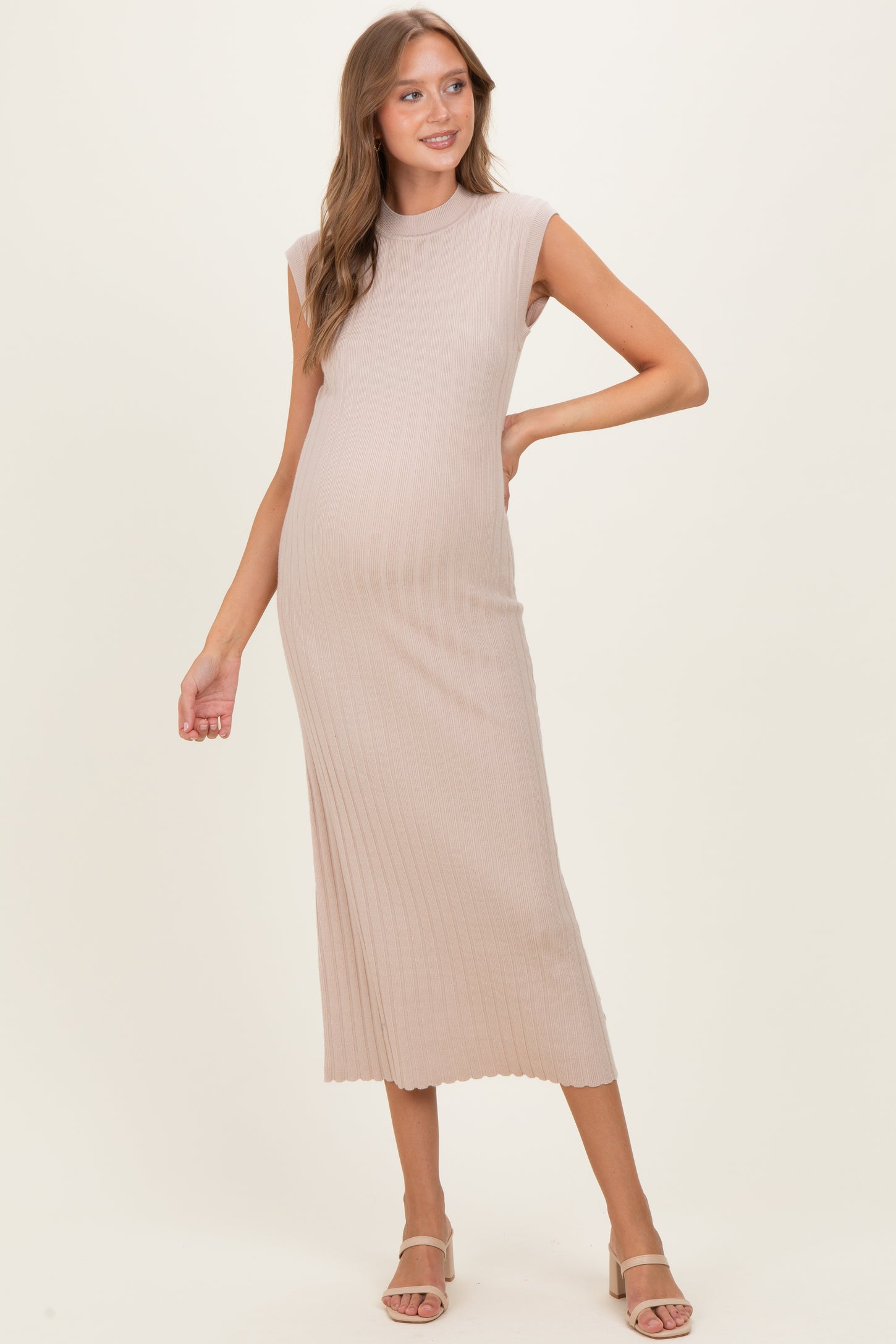 Sand Ribbed Knit Mock Neck Maternity Maxi Dress