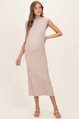 Sand Ribbed Knit Mock Neck Maternity Maxi Dress