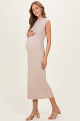Sand Ribbed Knit Mock Neck Maternity Maxi Dress