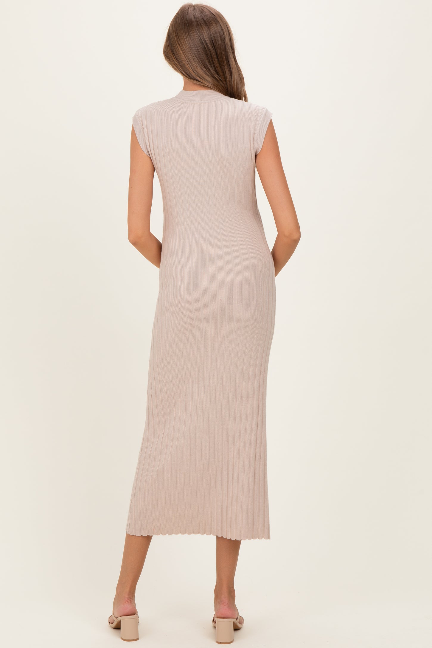 Sand Ribbed Knit Mock Neck Maternity Maxi Dress