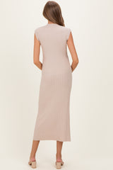 Sand Ribbed Knit Mock Neck Maternity Maxi Dress