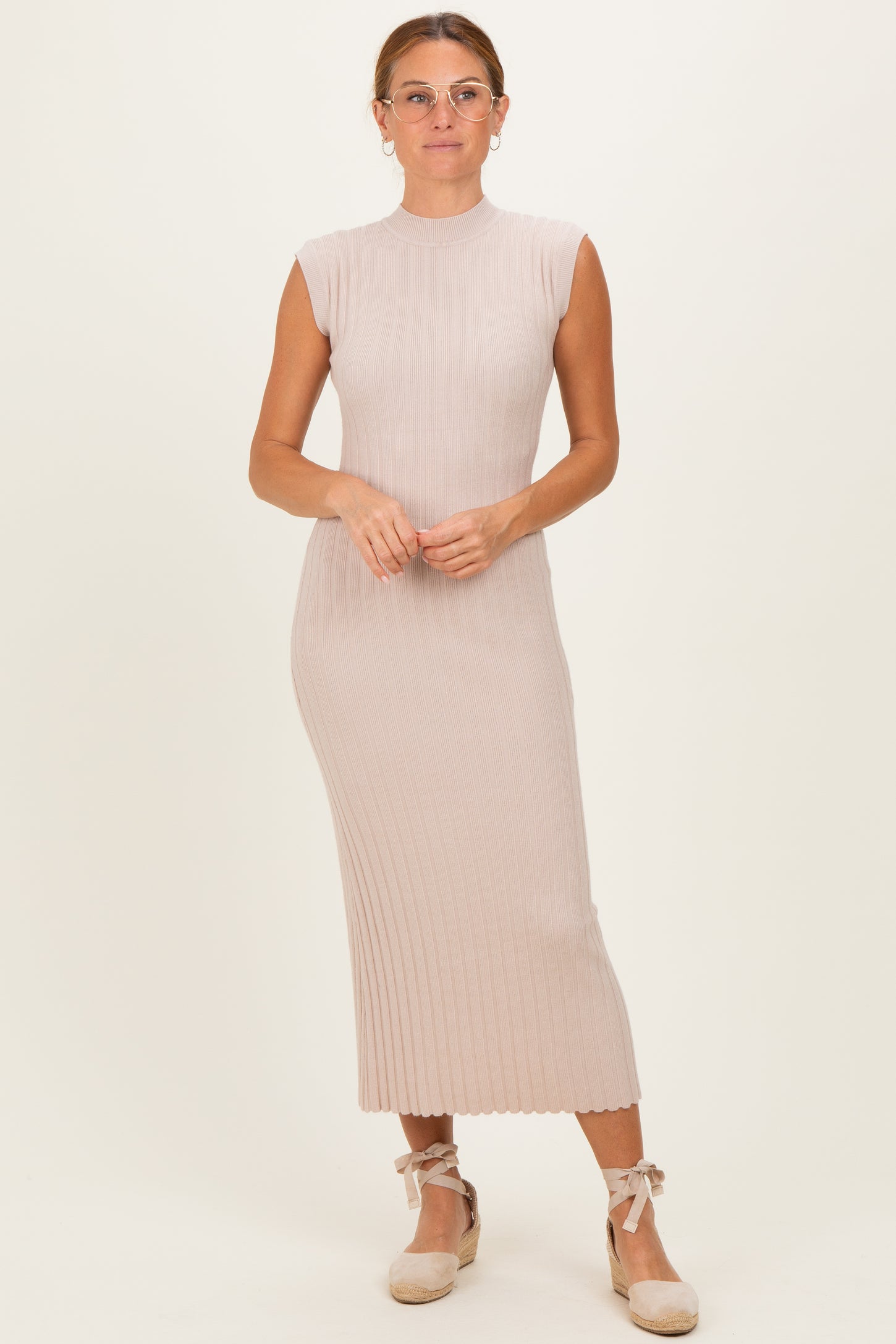 Sand Ribbed Knit Mock Neck Maternity Maxi Dress