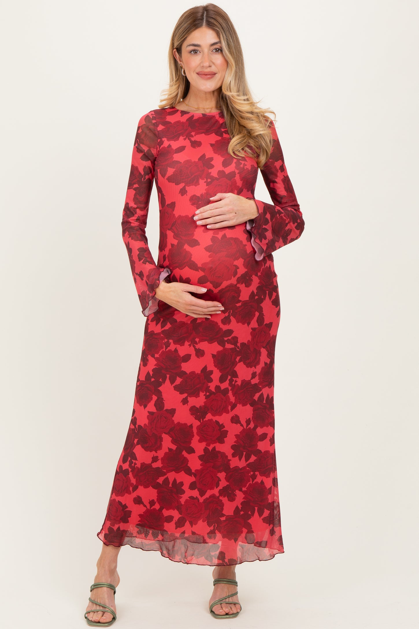 Red Floral Bell Sleeve Maternity Maxi Dress