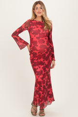 Red Floral Bell Sleeve Maternity Maxi Dress
