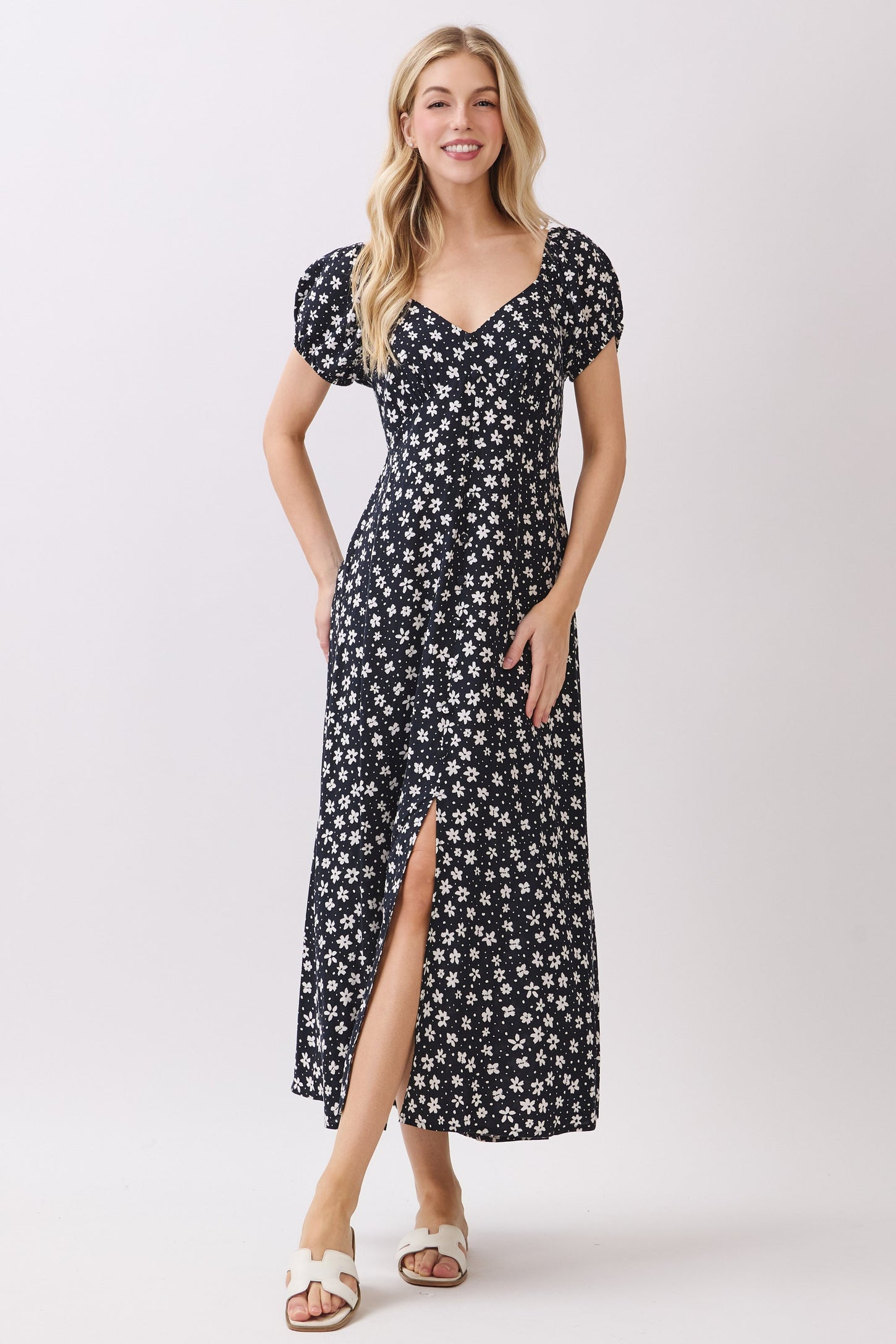 Black Floral V-Neck Button Detail Midi Dress