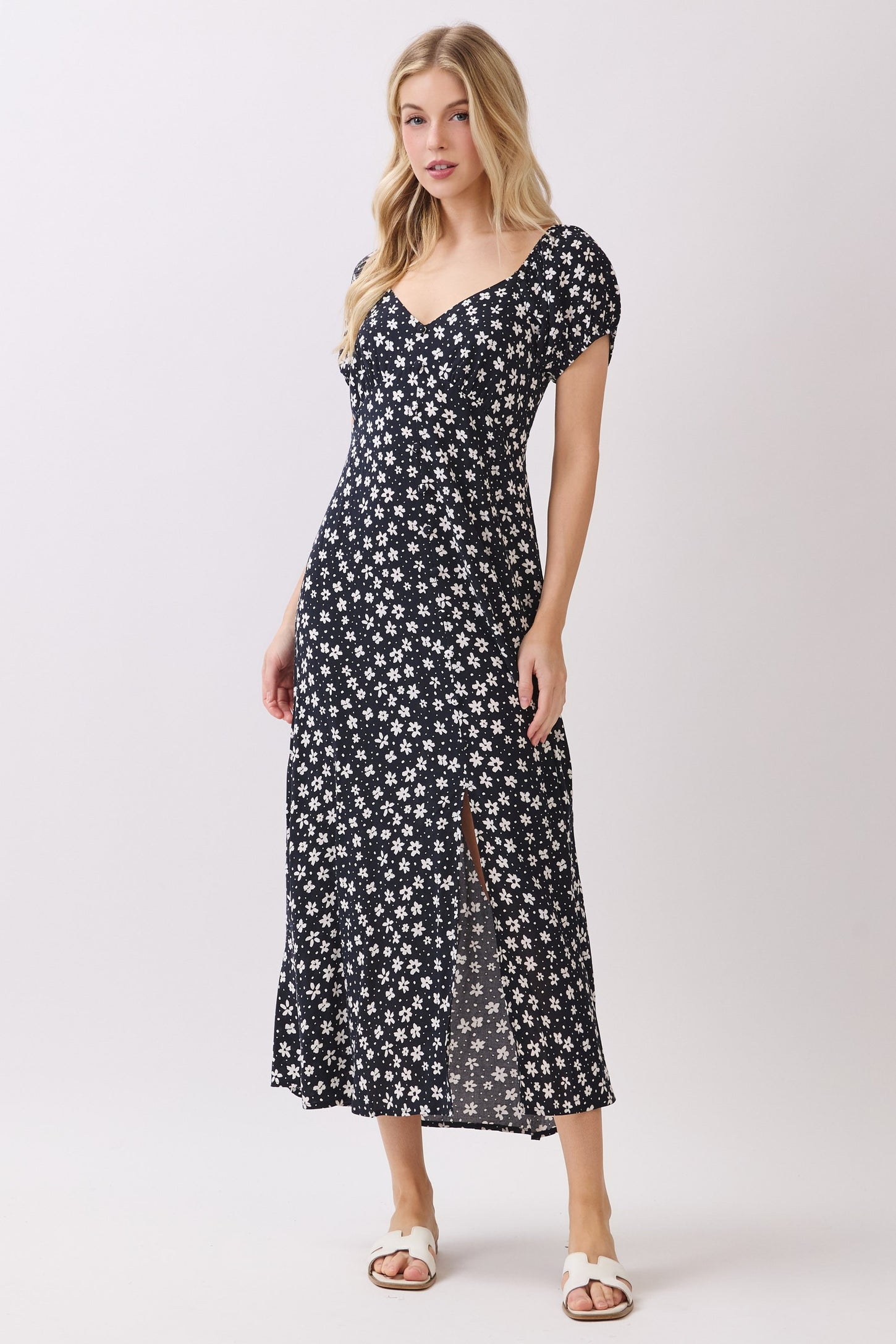 Black Floral V-Neck Button Detail Midi Dress