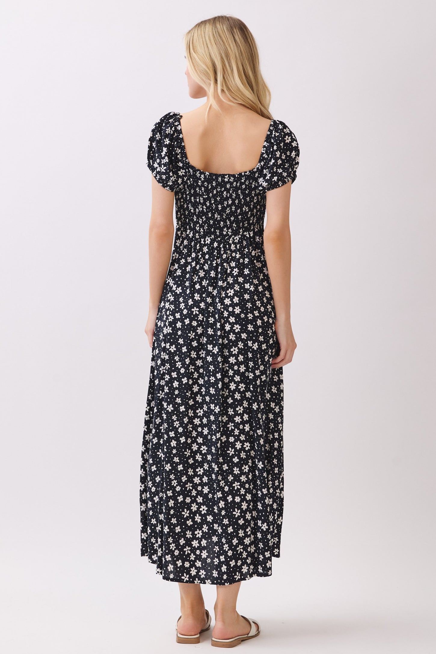 Black Floral V-Neck Button Detail Midi Dress