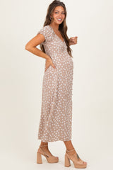 Beige Floral V-Neck Button Detail Maternity Midi Dress