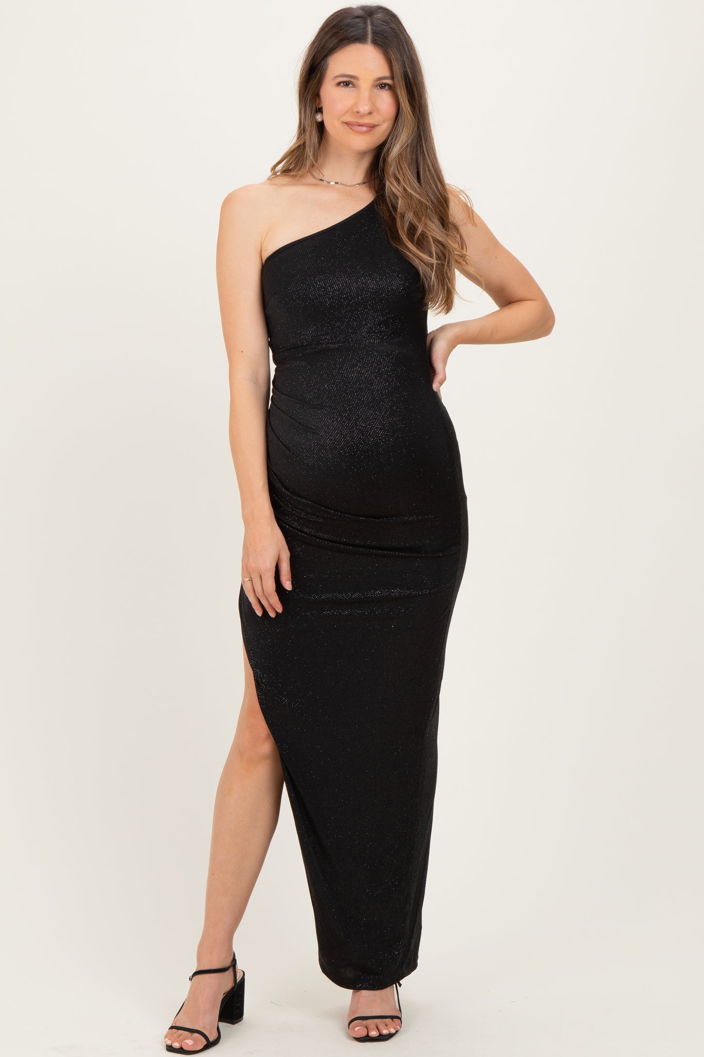 Black Glitter One Shoulder Side Slit Maternity Maxi Dress Black Glitter One Shoulder Side Slit Maternity Maxi Dress
