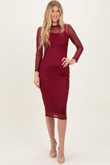 Burgundy Printed Mesh Long Sleeve Midi Dress
