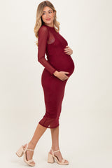 Burgundy Printed Mesh Long Sleeve Maternity Midi Dress