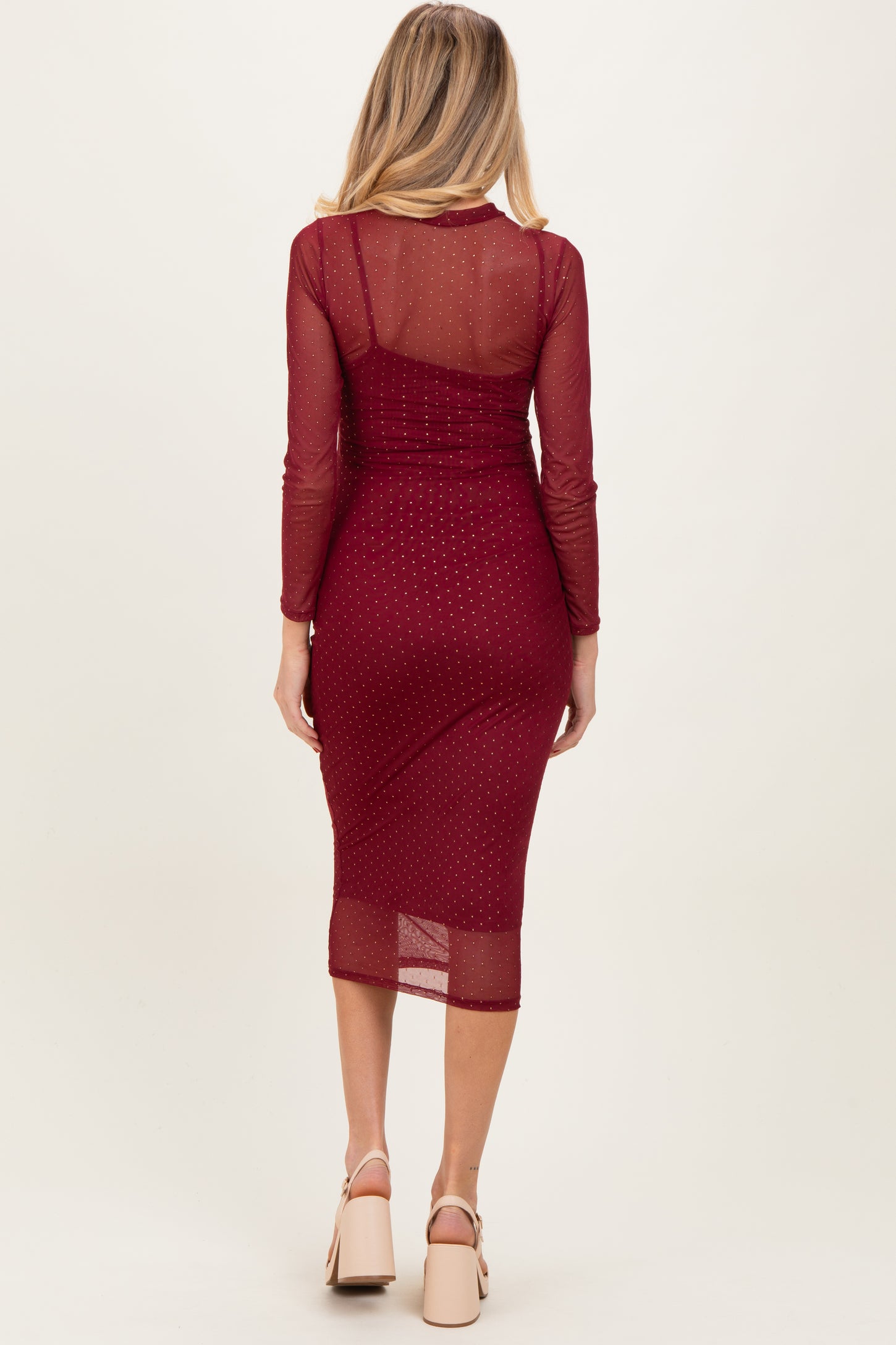 Burgundy Printed Mesh Long Sleeve Maternity Midi Dress
