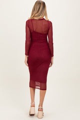 Burgundy Printed Mesh Long Sleeve Maternity Midi Dress