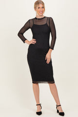 Black Printed Mesh Long Sleeve Maternity Midi Dress
