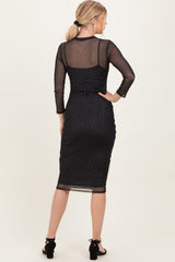 Black Printed Mesh Long Sleeve Midi Dress