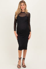 Black Printed Mesh Long Sleeve Maternity Midi Dress