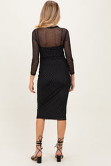 Black Printed Mesh Long Sleeve Maternity Midi Dress