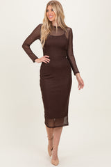 Brown Printed Mesh Long Sleeve Midi Dress