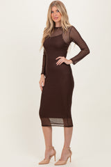 Brown Printed Mesh Long Sleeve Midi Dress