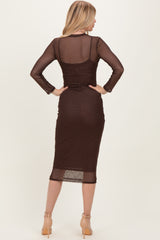 Brown Printed Mesh Long Sleeve Midi Dress