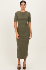 Olive Ruched Side Slit Midi Dress