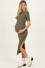 Olive Ruched Side Slit Maternity Midi Dress